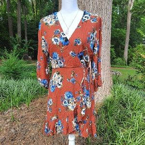 NWOT Altar'd State Faux Wrap Floral Long Sleeve Mini Dress With Back Zipper